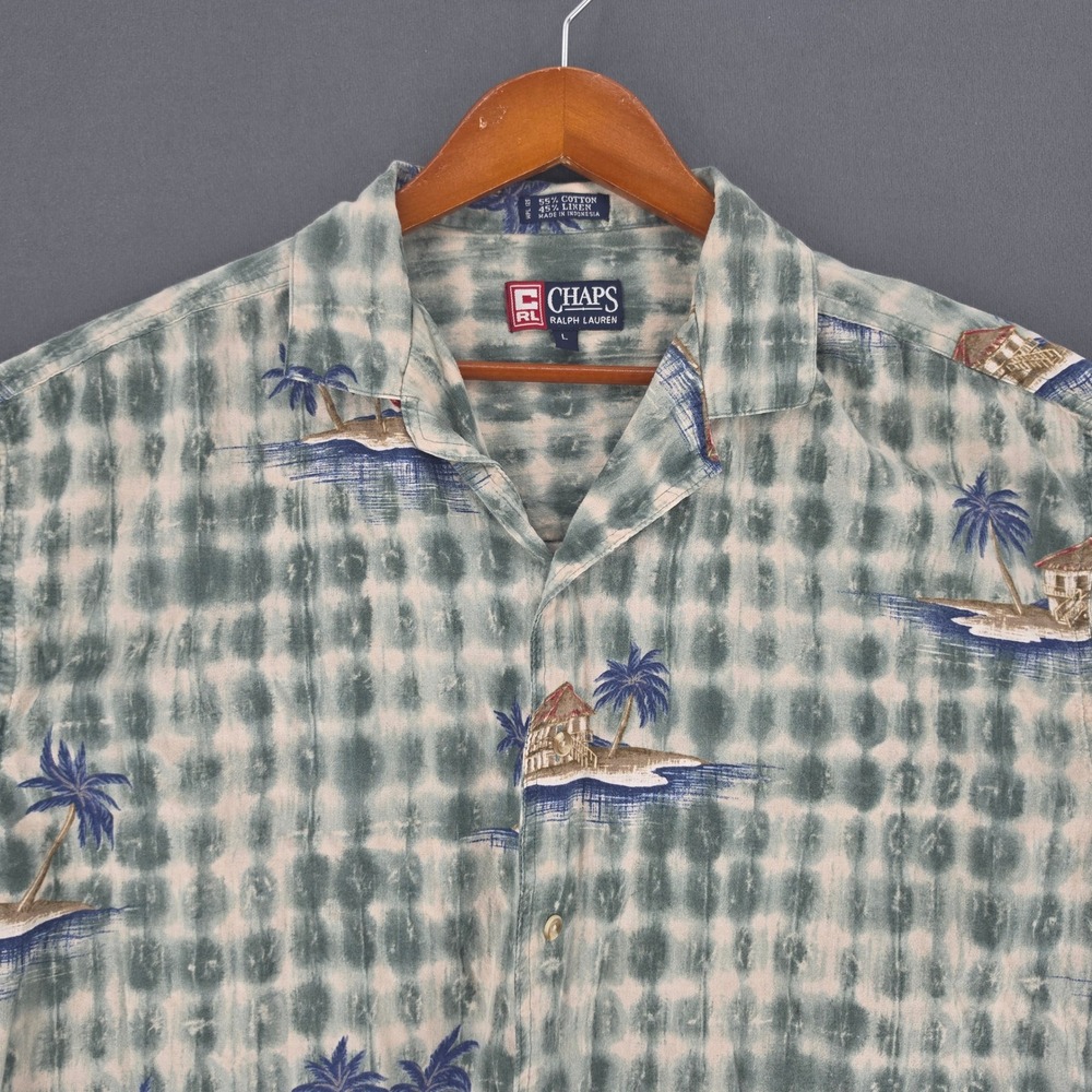 Chaps Ralph Lauren Mens Large Cotton Linen Tropical Tie Dye Camp Shirt Green